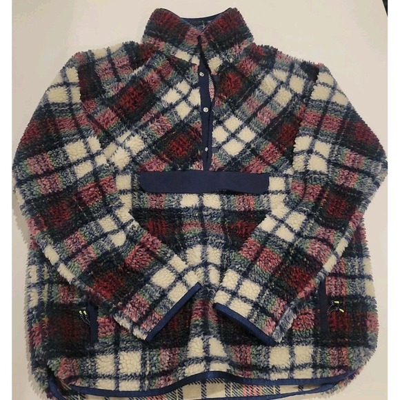 Vineyard Vines Sherpa Popover Teddy Holiday Tartan Plaid Sz M 1/4 Zip - Picture 1 of 14